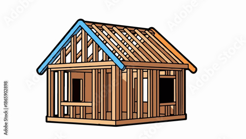 Wooden house frame construction with roof rafters and wall studs