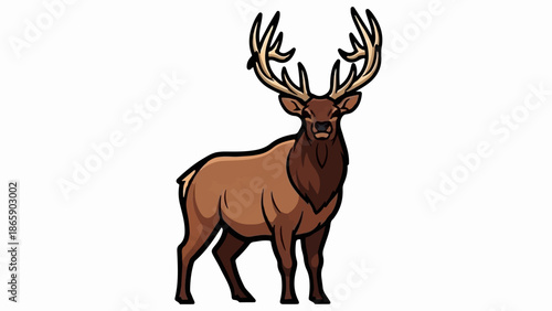 A stylized, brown elk with large, branching antlers stands facing forward