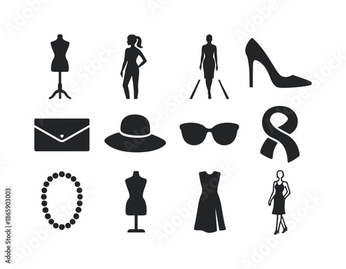 Fashion Icon Set. Fashion figure. Solid icon set of fashion figure: mannequin, fashion pose silhouette, runway model, high heel, clutch bag, hat, sunglasses,