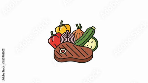 A stylized assortment of grilled steak and fresh vegetables, including peppers, onions, and zucchini