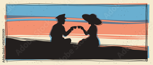 Silhouetted vintage couple, a man in uniform and a woman in a hat, sit together sharing a romantic drink at sunset in a retro graphic illustration