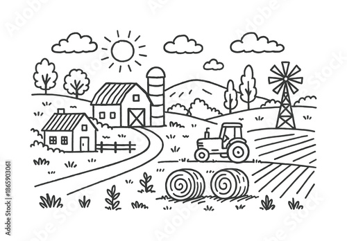 Idyllic Farm Scene. Farm landscape. Hand-drawn doodle illustration Farm landscape farmhouse, barn, silo, hills, trees, clouds, sun, fence, tractor, hay bales,