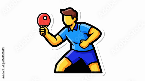 A stylized cartoon character playing table tennis with a red paddle