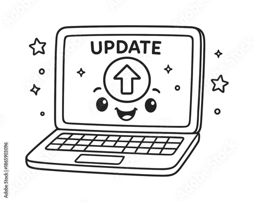 Laptop Coloring Fun. Device updates children?s coloring book illustration, outlined drawing, a happy laptop displaying a simple update arrow surrounded by