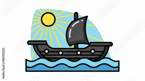 A stylized dark ship with a single dark sail sails on blue wavy water under a bright yellow sun