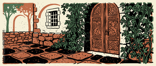Rustic carved wooden door featuring lion emblems is set in an old stone wall with climbing ivy and a flagstone path, rendered in a bold, graphic woodcut illustration style