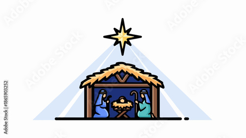A stylized depiction of a nativity scene with a star above a stable