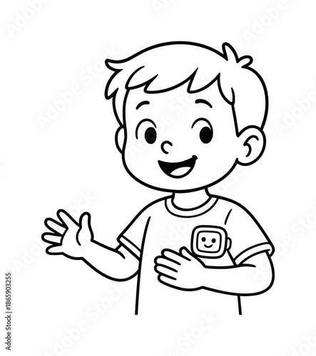 Kids' Tech Coloring. Medical wearable tech children?s coloring book illustration, outlined drawing, cartoon child wearing a patch sensor with friendly display