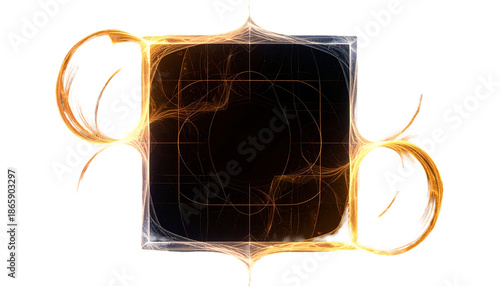 Square design with swirling energy, glowing lines, black center