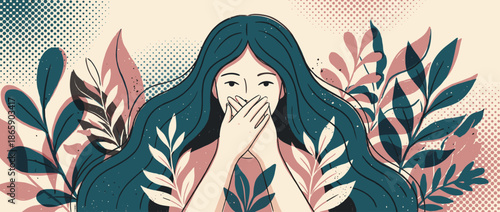Beautiful young woman with long teal hair covers her mouth with her hands, surrounded by stylized foliage in a modern, graphic illustration with halftone textures