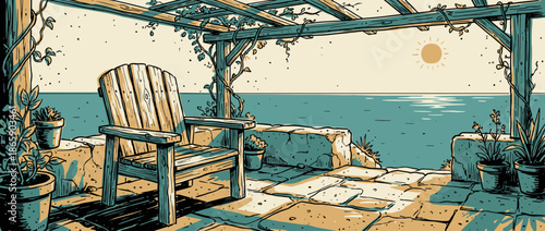 Wooden Adirondack chair rests on a sunny stone terrace in a tranquil graphic illustration, overlooking a calm sea with a vine-covered pergola overhead