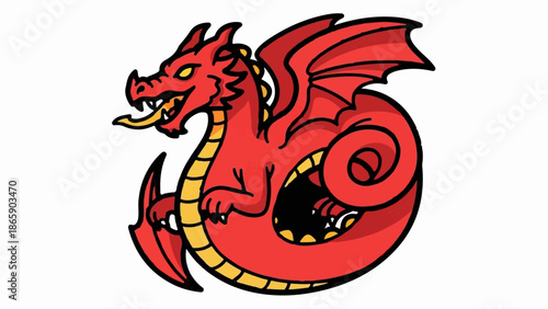 A stylized red dragon with yellow accents, wings spread, and tongue out