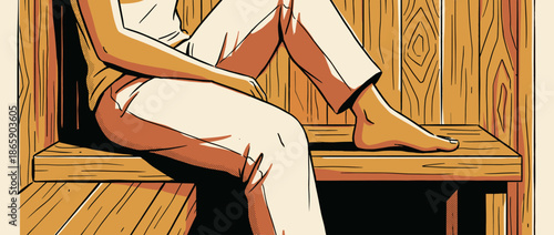 Barefoot person in light clothing sits on a wooden bench inside a hot sauna for a relaxing wellness treatment, depicted in a warm, graphic illustration style