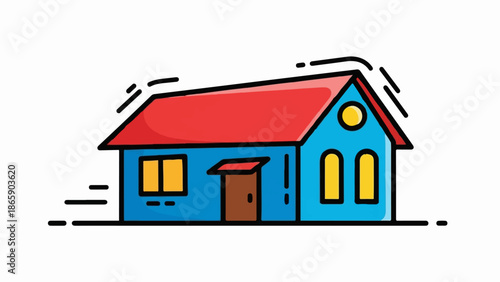 A simple, stylized blue house with a red roof and yellow windows