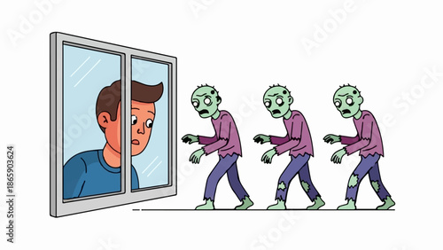 A terrified person peers through a window at three approaching zombies