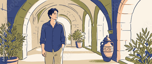 Pensive young man wearing casual clothes explores an ancient arched hallway in a monastery, a hand-drawn illustration with a limited color palette and a tranquil mood