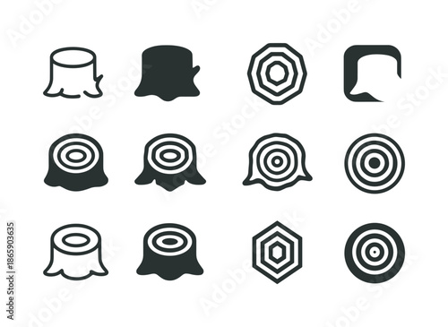 Trunk Logo Variations. Trunk. Icon set. Set Logo of Trunk: tree stump cross-section. harmonious logo variations of the same emblematic concept, each with