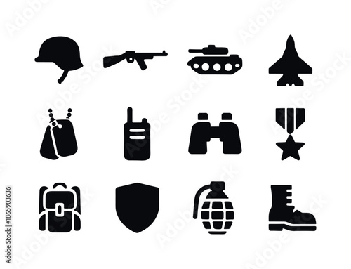 Military Icon Set. Military. Solid icon set of Military: helmet, rifle, tank, jet, dog tags, radio, binoculars, medal, backpack, shield, grenade, boots. Filled