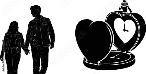 Silhouette couple holding hands walking with heart shaped locket