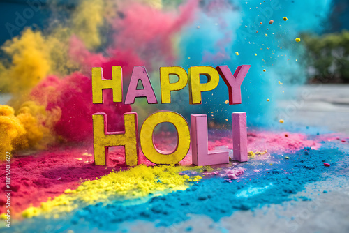 Happy Holi Celebration With Colorful Powder Clouds And Wooden Letters

