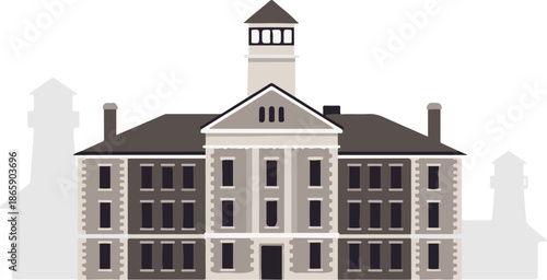 A simplified, vintage-style illustration of a grand building with a central tower and flanking structures