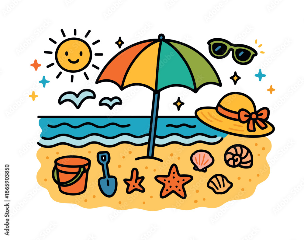 Naklejka premium Seaside Fun Doodles. Seaside Umbrella Spot. Colorful Hand-drawn doodle Children illustration umbrella, shoreline, seashells, starfish, bucket,