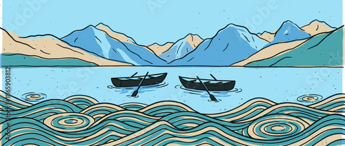 Two simple black rowboats with oars drift on a tranquil blue lake in a scenic mountain landscape, depicted in a charming and rustic hand-drawn illustrative style
