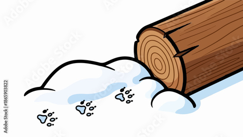 Cartoon log with animal paw prints in snow