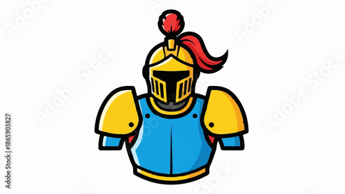 Cartoon knight's armor with helmet, blue chest plate, and gold shoulder pads
