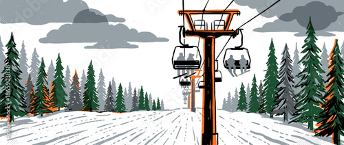 Graphic illustration of a ski lift carrying people up a snowy mountain slope surrounded by evergreen trees under a cloudy sky in a textured, hand-drawn style