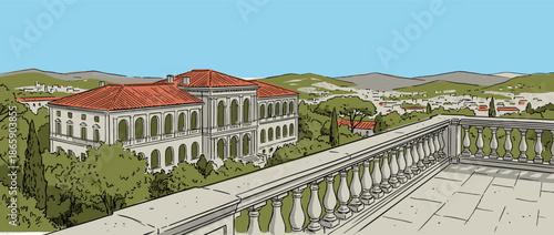 Hand-drawn illustration of a classic Mediterranean villa with a red tile roof, viewed from a stone terrace overlooking a scenic coastal town nestled in green hills on a sunny day