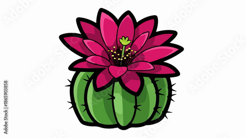 A vibrant cartoon cactus blooms with a large, magenta flower, its green body adorned with sharp spines
