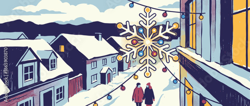 Charming winter village illustration depicts a snowy street scene with festive string lights, a large snowflake ornament, and people walking past cozy houses