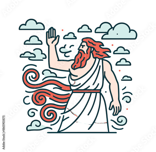 Storm God Illustration. A god controlling the winds and the storms. A towering figure raises an arm as swirling gusts coil around; floating cloud shards circle