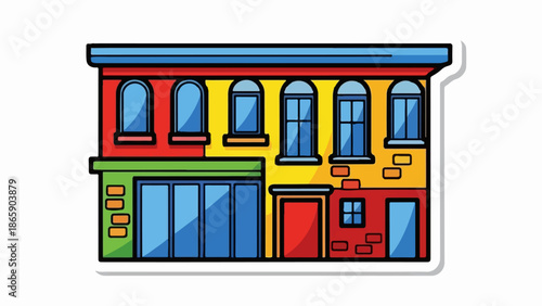 Cartoonish building with multiple windows, doors, and vibrant red, yellow, and green facades