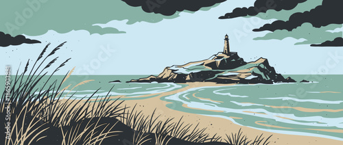 Lighthouse illustration on a rocky island in a moody coastal scene, viewed from a sandy beach with tall grass under a dramatic sky in a minimalist graphic style