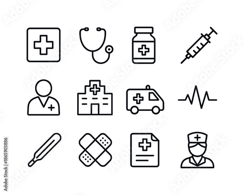 Healthcare Icon Set. Healthcare access. Line icon set of Healthcare access: medical cross, stethoscope, pill bottle, syringe, doctor icon, hospital building,