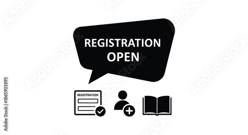 A black speech bubble displays registration open text with icons indicating enrollment and learning silhouette