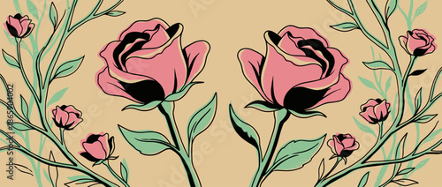Symmetrical pink rose floral illustration with thorny branches and leaves in a vintage graphic art style with bold black outlines and a romantic mood