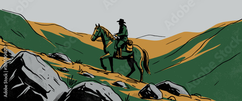 Stylized illustration of a lone rider on horseback navigating a steep, rocky mountain pass in a minimalist graphic novel art style with halftone textures and bold outlines