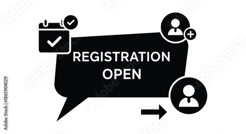 Registration is now open featuring icons and text in a striking black silhouette high quality professional