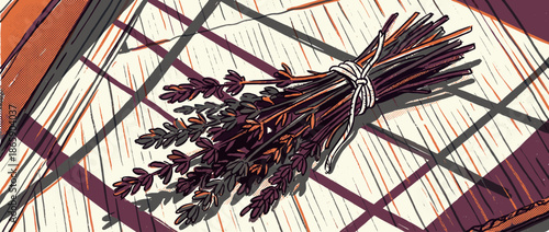 Hand-drawn illustration of a dried lavender bunch tied with string, resting on a plaid tablecloth in a rustic, vintage comic book style with bold outlines and halftone textures