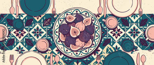 Decorative ceramic bowl of fresh figs sits at the center of a dining table set with plates and cutlery on a vibrant, patterned tablecloth in a charming flat lay illustration