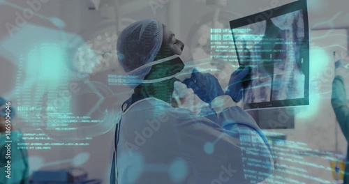 Medical data processing animation over doctor examining X-ray in hospital