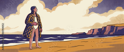 Woman in a quilted coat and swimsuit stands barefoot on a sandy beach, looking thoughtfully at the ocean and distant cliffs in a retro comic book style illustration