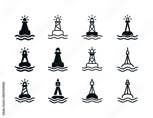 Buoy Logo Variations. Buoy floating. Icon set. Set Logo of buoy floating: navigation buoy with light. harmonious logo variations of the same emblematic