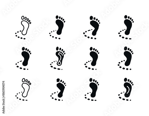 Footprint Timeline Emblems. Stepping through time. Icon set. Set Logo of stepping through time: footprint timeline path. harmonious logo variations of the same