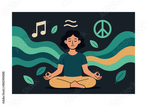 Serene Meditation Vibes. Stress relief through tones. Person meditating while soft, colorful waves swirl; floating leaves and calm symbols. Smooth arcs