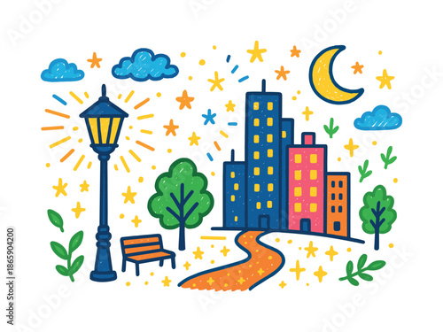 Colorful City Nightscape. City Night Light. Colorful Hand-drawn doodle Children illustration lamp post, tall buildings, glow lines, stars, moon, leaves,
