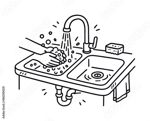 Doodle Double Basin Sink. Sink. Hand-drawn doodle illustration Sink double basin, faucet arc, running water, soap bubbles, hand washing, countertop edge,